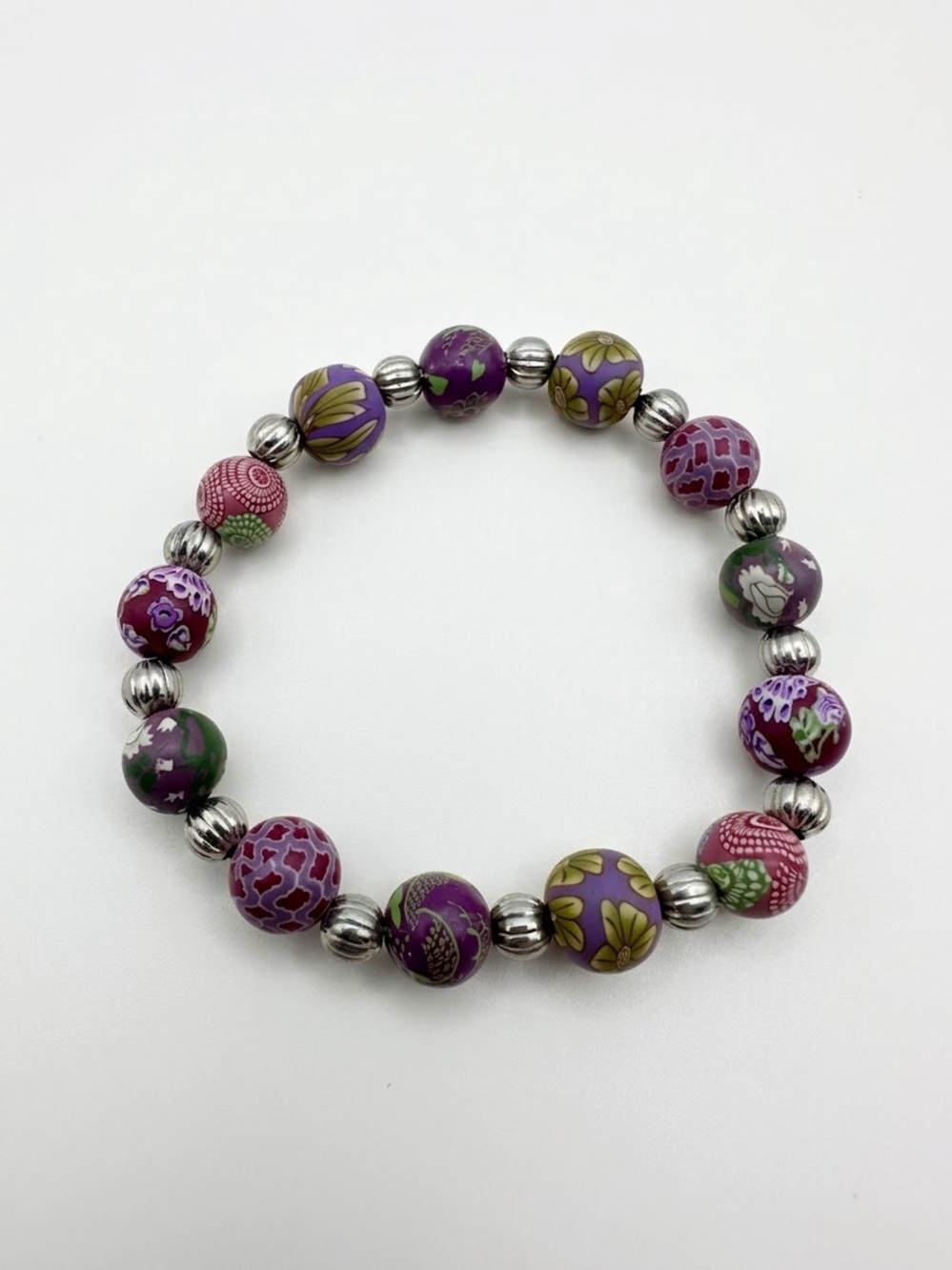 Polymer Clay Millefiori Floral Bead Stretch Bracelet